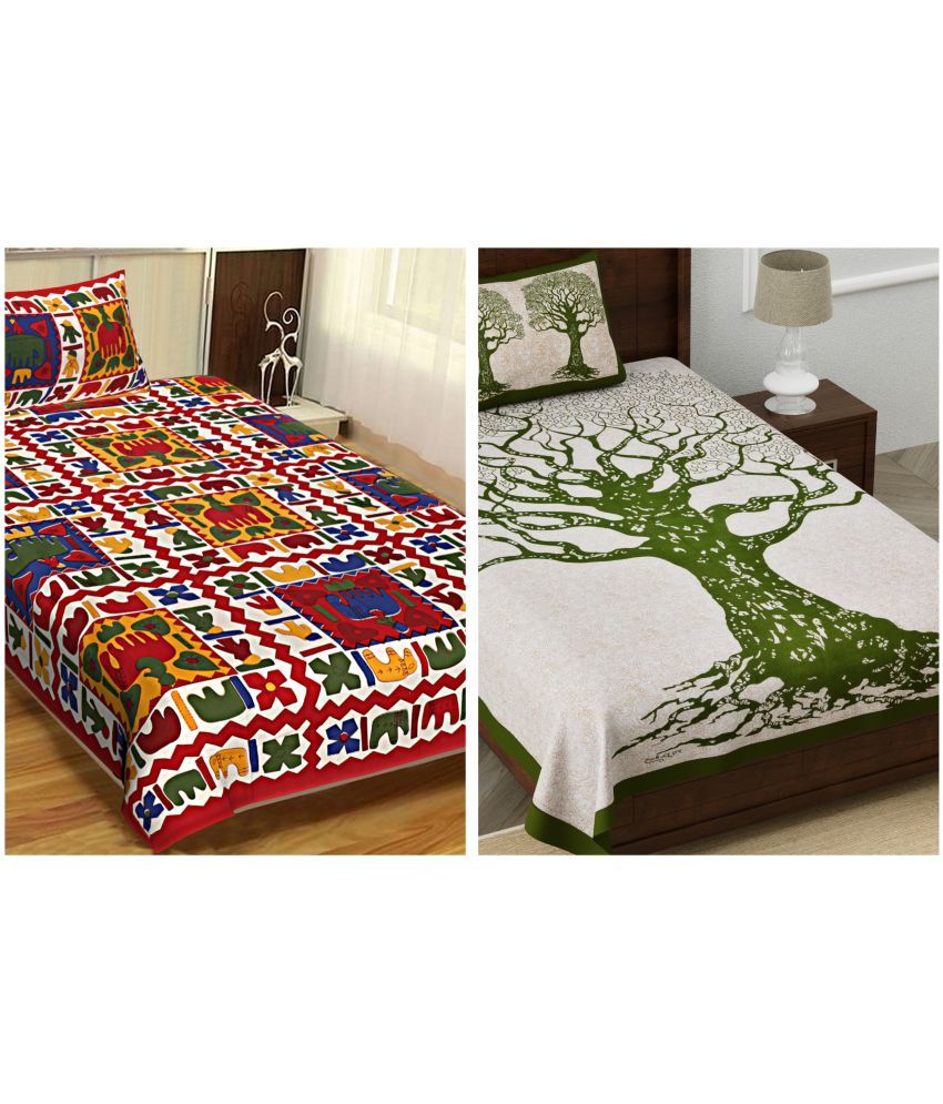     			Uniqchoice - Multicolor Cotton 2 Single Bedsheets with 2 Pillow Covers