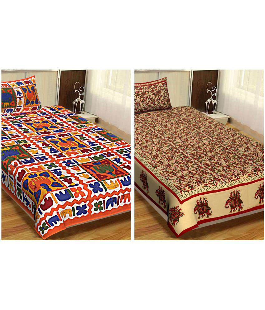     			Uniqchoice - Multicolor Cotton 2 Single Bedsheets with 2 Pillow Covers