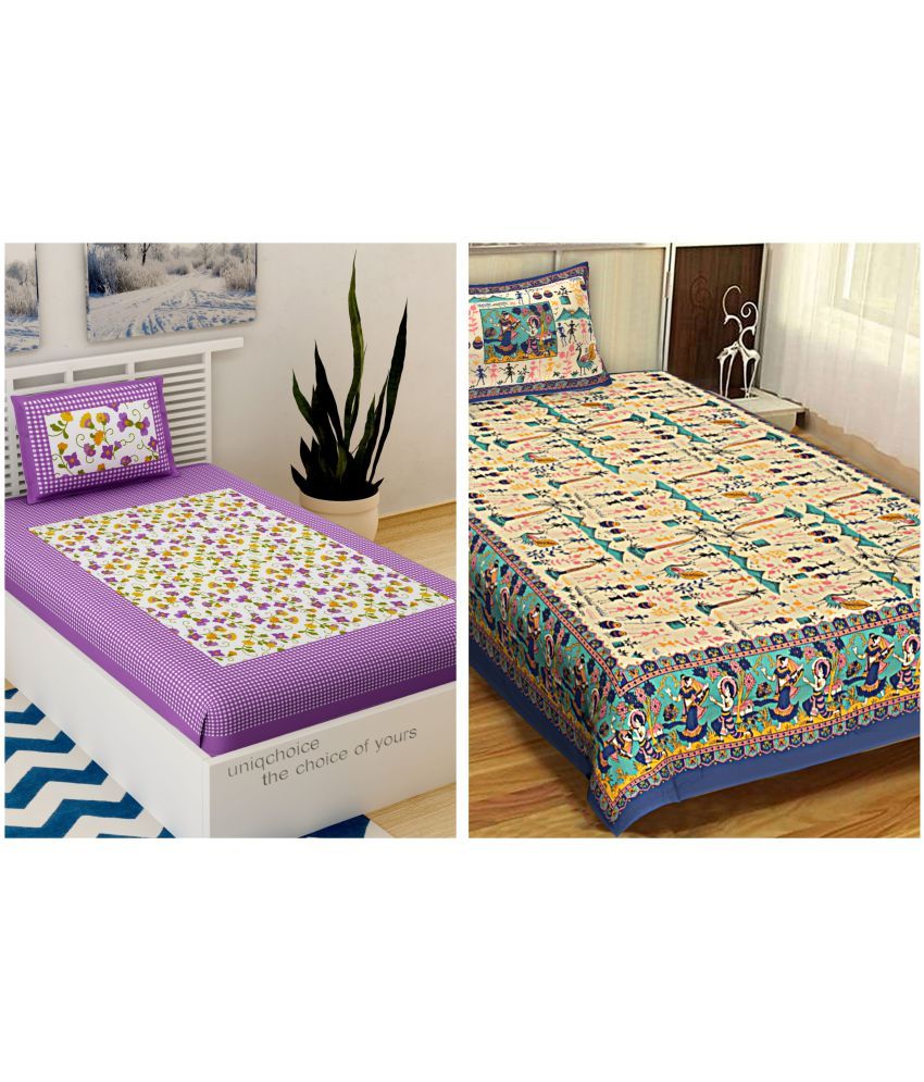     			Uniqchoice - Multicolor Cotton 2 Single Bedsheets with 2 Pillow Covers