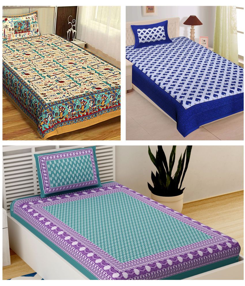     			Uniqchoice - Multicolor Cotton 3 Single Bedsheets with 3 Pillow Covers