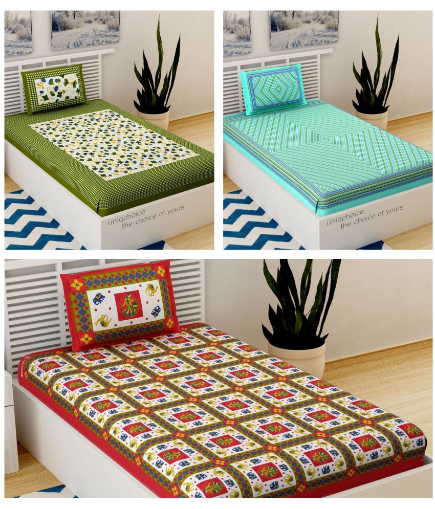     			Uniqchoice - Multicolor Cotton 3 Single Bedsheets with 3 Pillow Covers