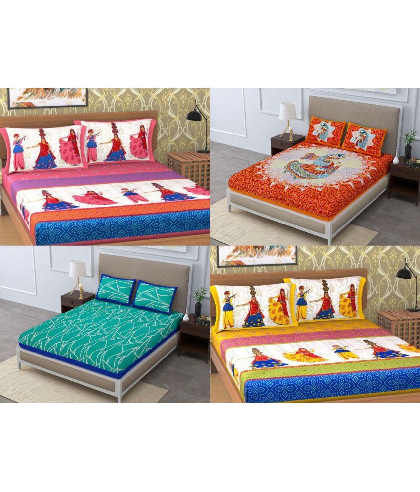     			Uniqchoice - Multicolor Cotton 4 Double Bedsheets with 8 Pillow Covers