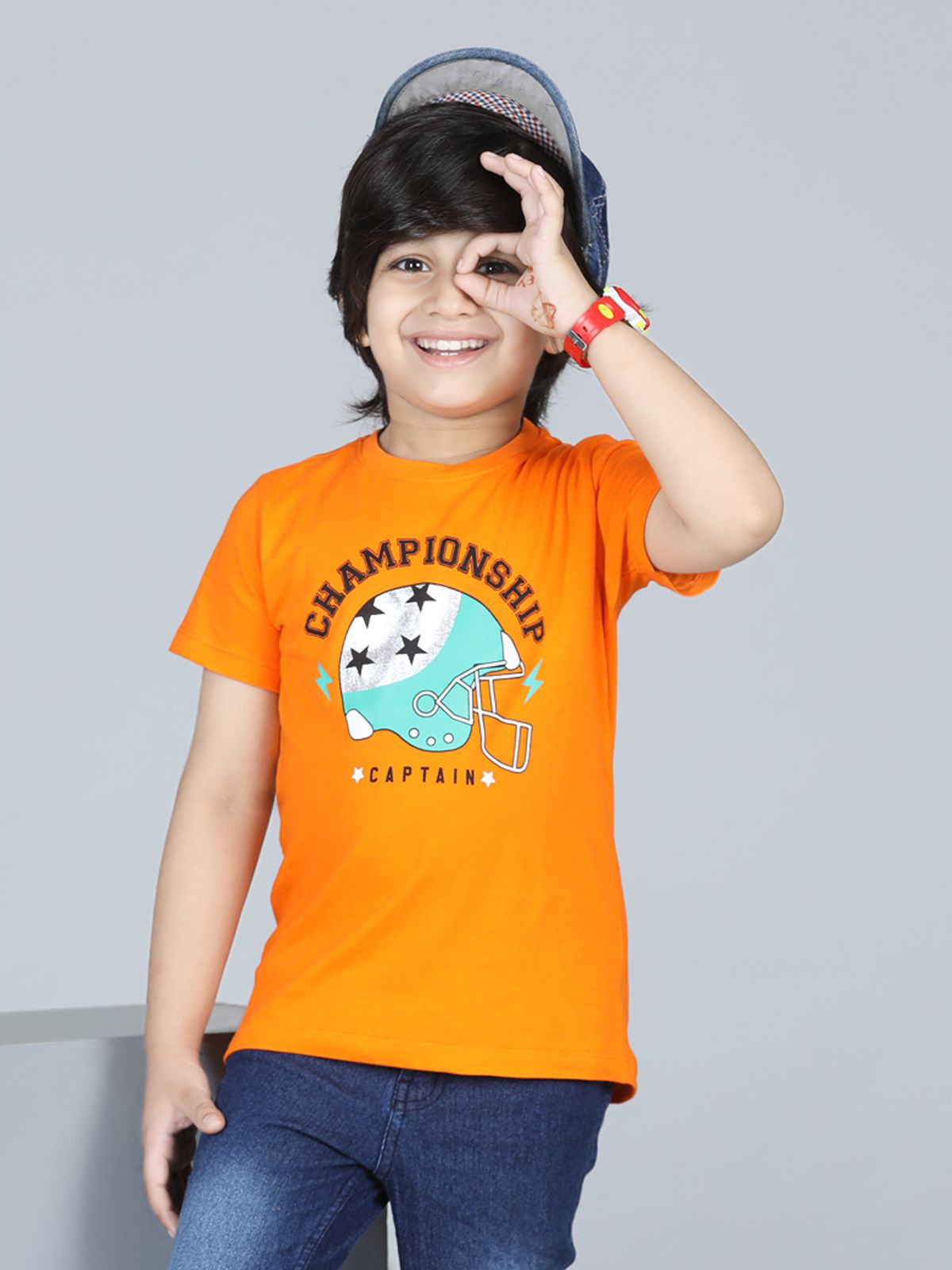 UrbanMark Junior Boys 100% Cotton Foil Printed Half Sleeves T Shirt - Orange