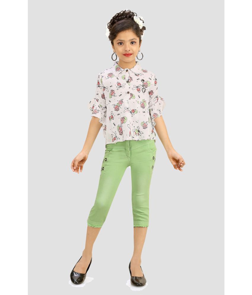     			Cherry Tree - Green Denim Girls Top With Capris ( Pack of 1 )