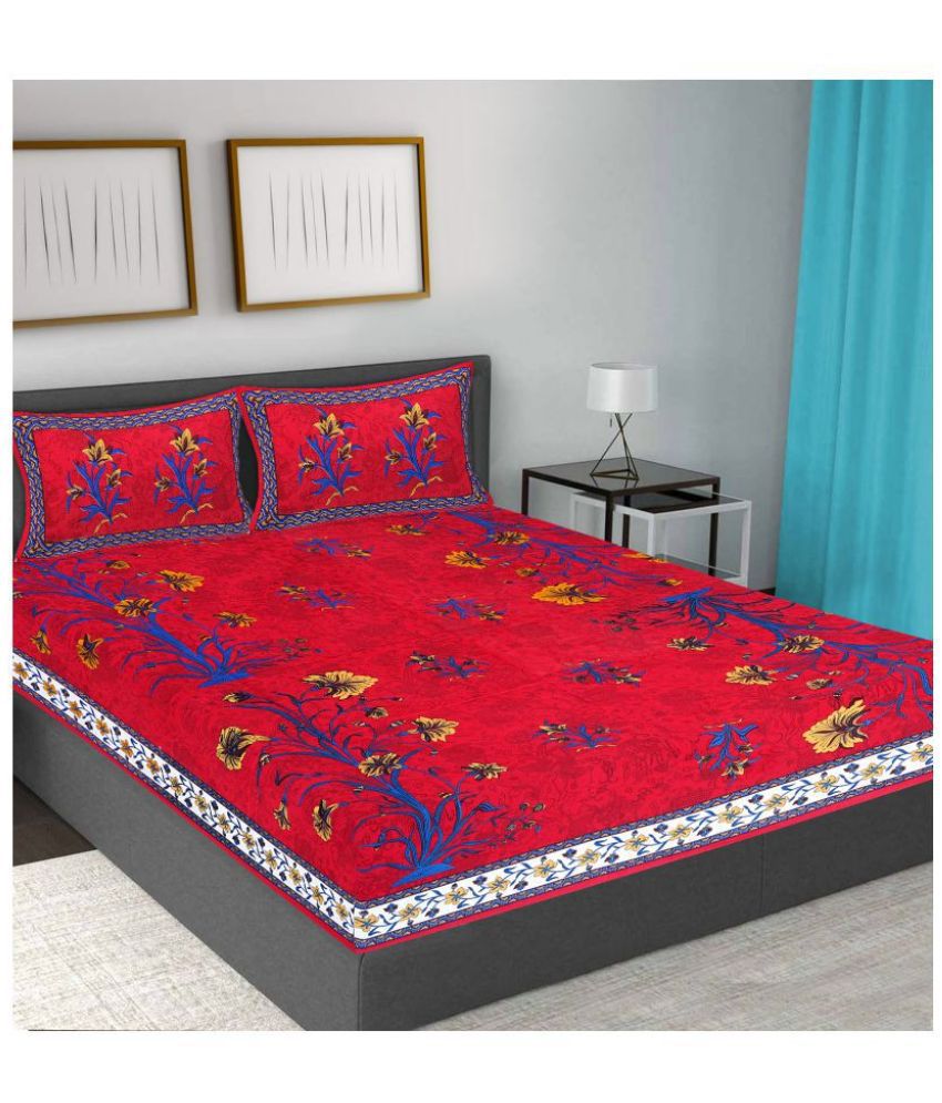     			Frionkandy Cotton Floral Printed Double Bedsheet with 2 Pillow Covers - Red