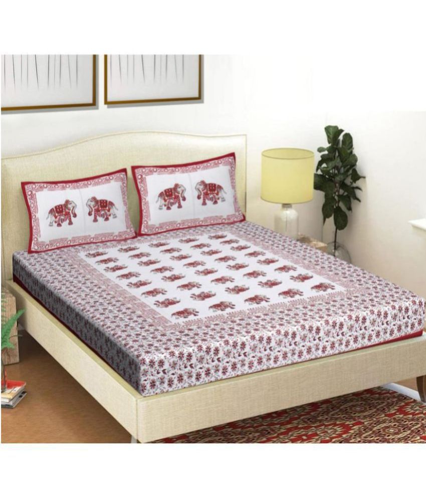     			Frionkandy Cotton Floral Printed Double Bedsheet with 2 Pillow Covers - Red