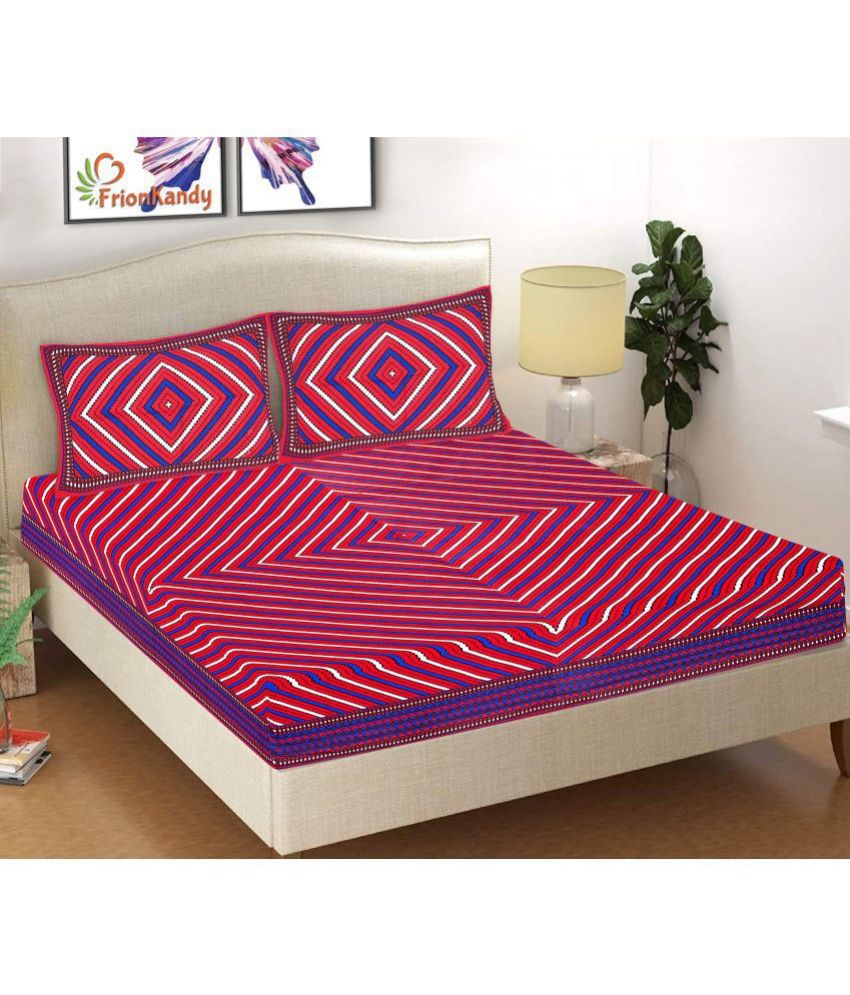     			Frionkandy Cotton Diagonal Striped Printed Queen Bedsheet with 2 Pillow Covers - Red