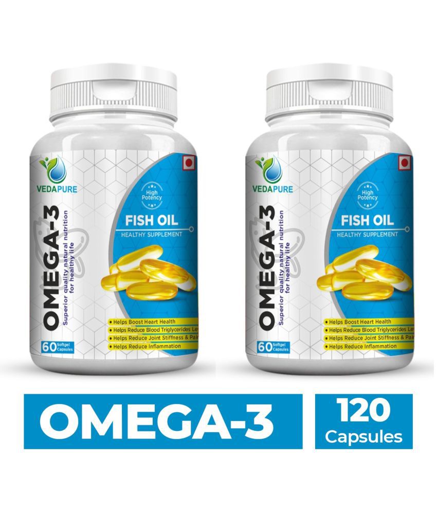 VEDAPURE Omega 3 Fish Oil Fatty Acids 1000mg (180mg EPA & 120mg DHA) for Healthy Heart,60 Softgel Capsules (Pack of 2)