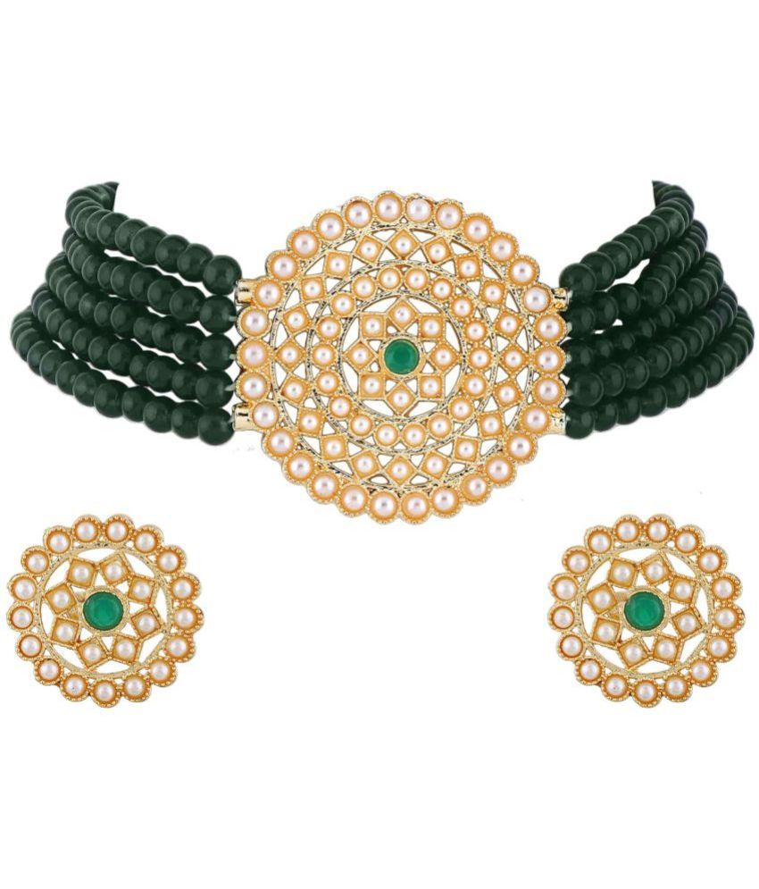     			Jewar Mandi - Green Brass Necklace Set ( Pack of 1 )