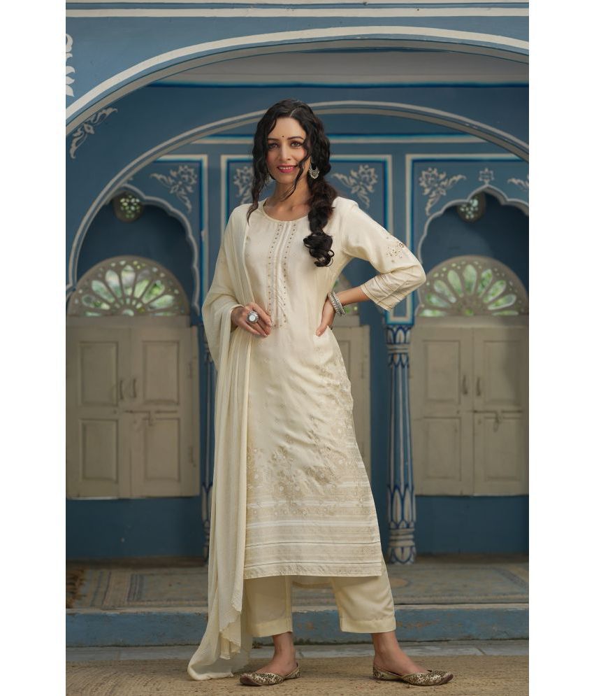     			Juniper - Beige Straight Silk Blend Women's Stitched Salwar Suit ( Pack of 1 )