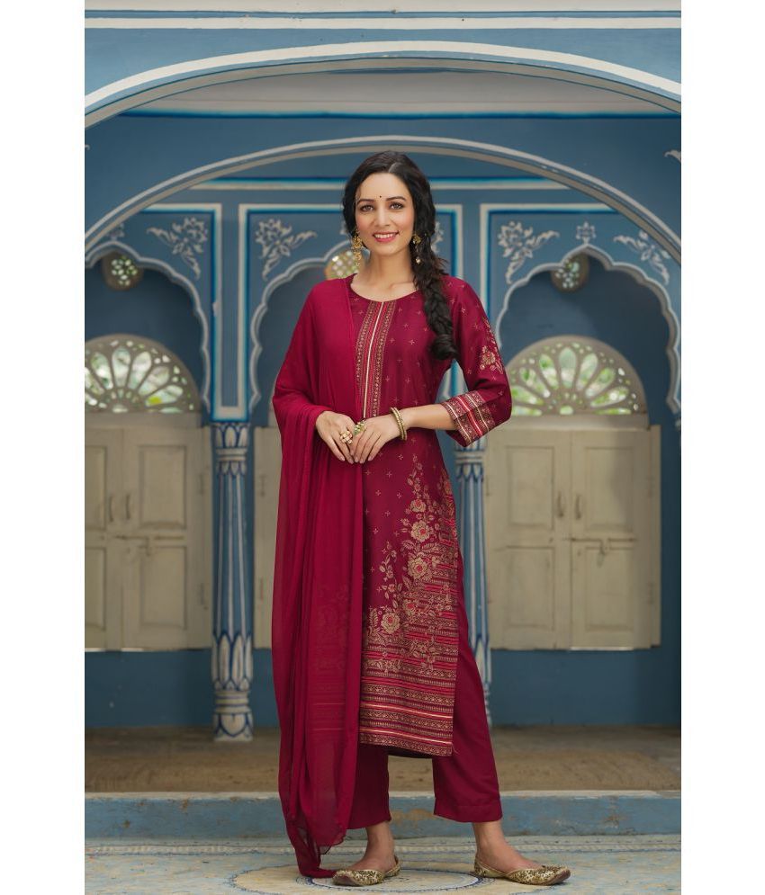     			Juniper - Maroon Straight Silk Blend Women's Stitched Salwar Suit ( Pack of 1 )