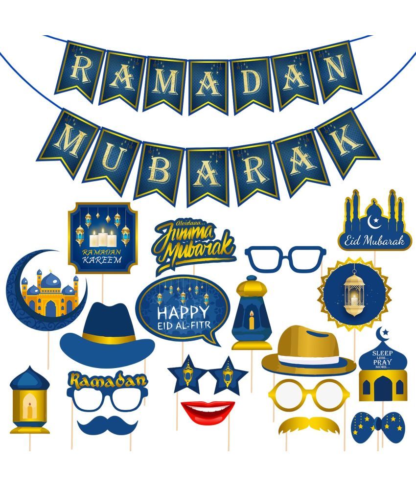     			Zyozi  Eid Mubarak Photo Booth Props with Ramadan Mubarak Banner Ramadan Mubarak Photo Props Party Supplies Decoration for Eid Mubarak Muslim Themed Party (Pack of 20)