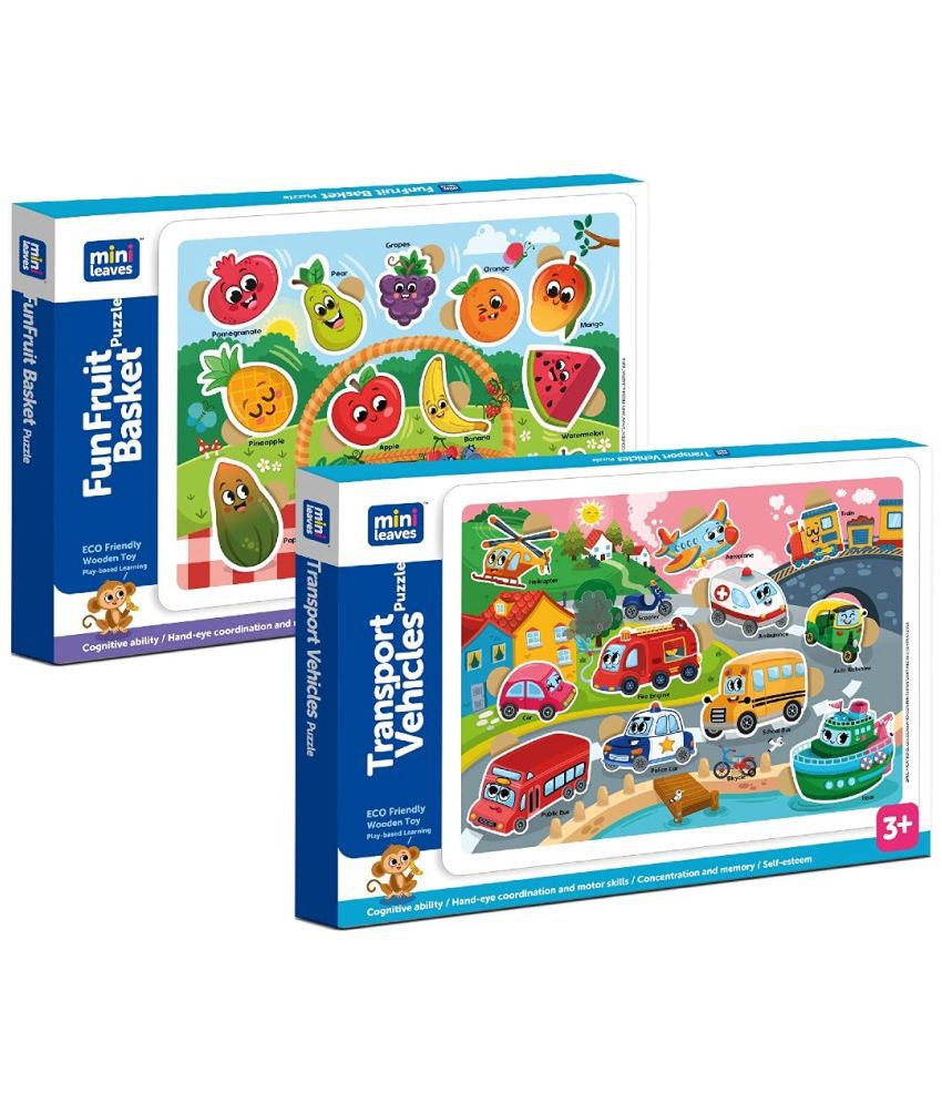     			Mini Leaves Wooden Puzzles Combo Pack for Kids 3 Age and Up (Fun Fruits and Transport Vehicles)