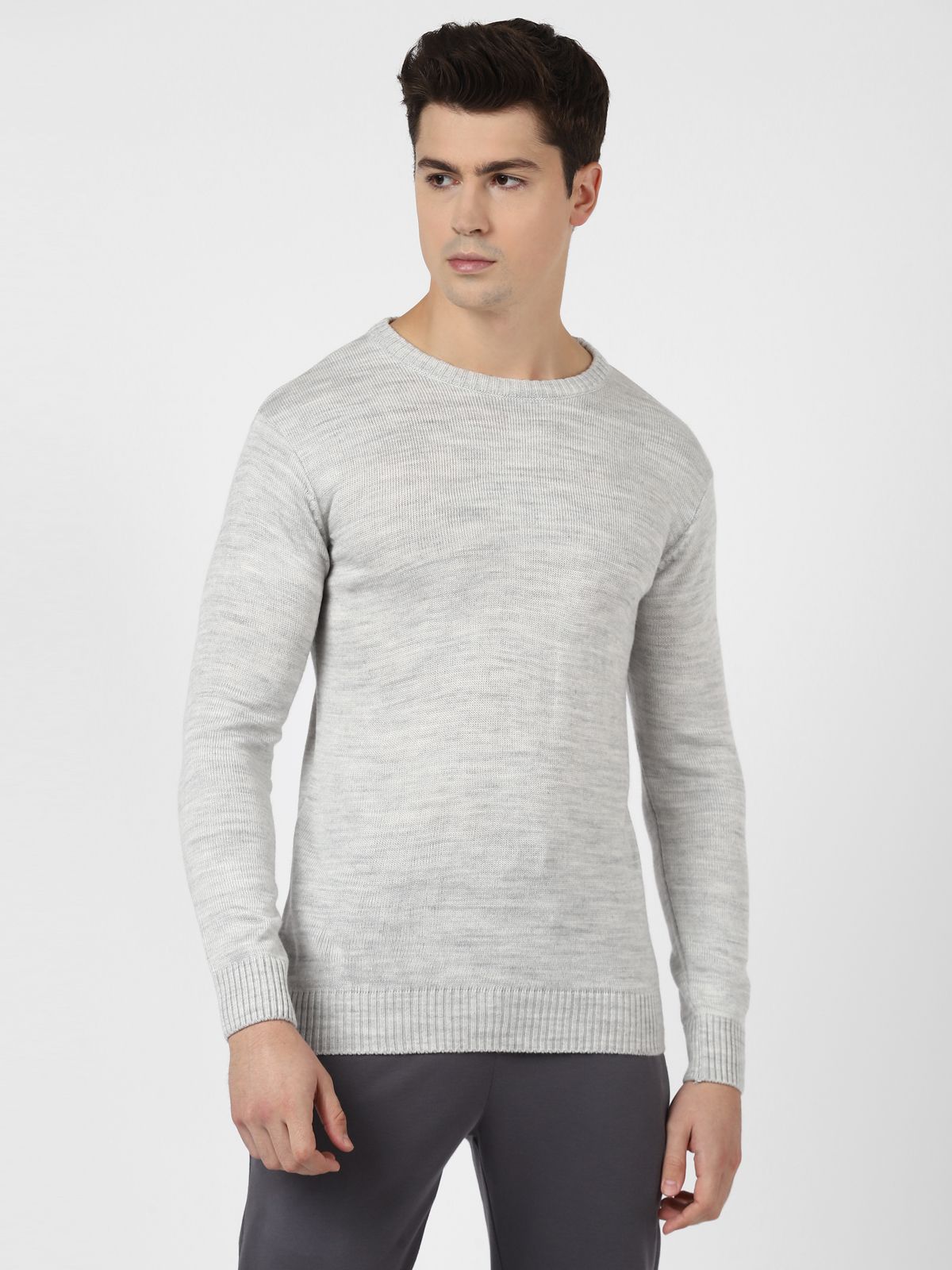     			UrbanMark Men Regular Fit Round Neck Full Sleeves Solid Pullover Sweater-Grey Melange