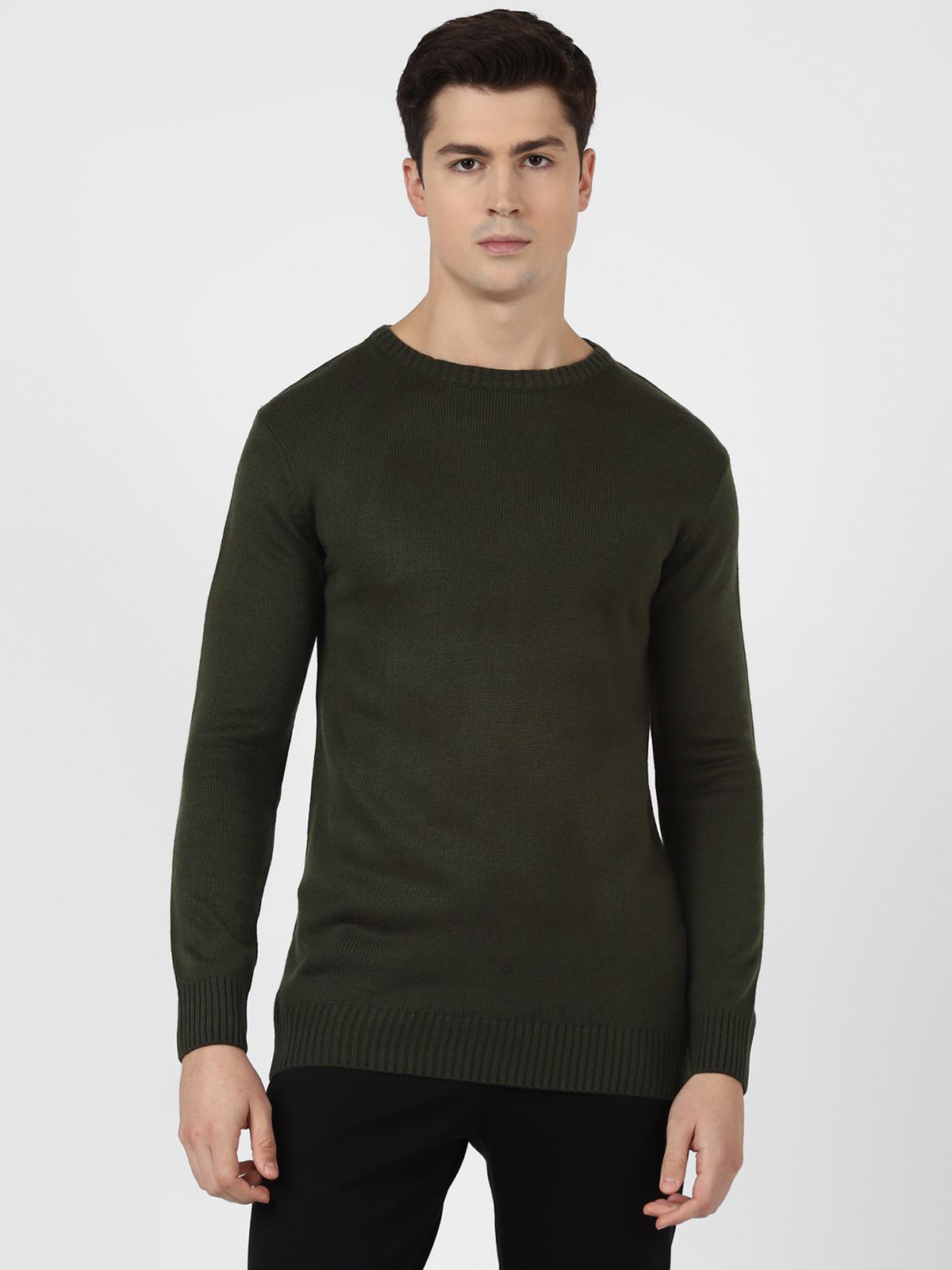     			UrbanMark Men Regular Fit Round Neck Full Sleeves Solid Pullover Sweater-Olive