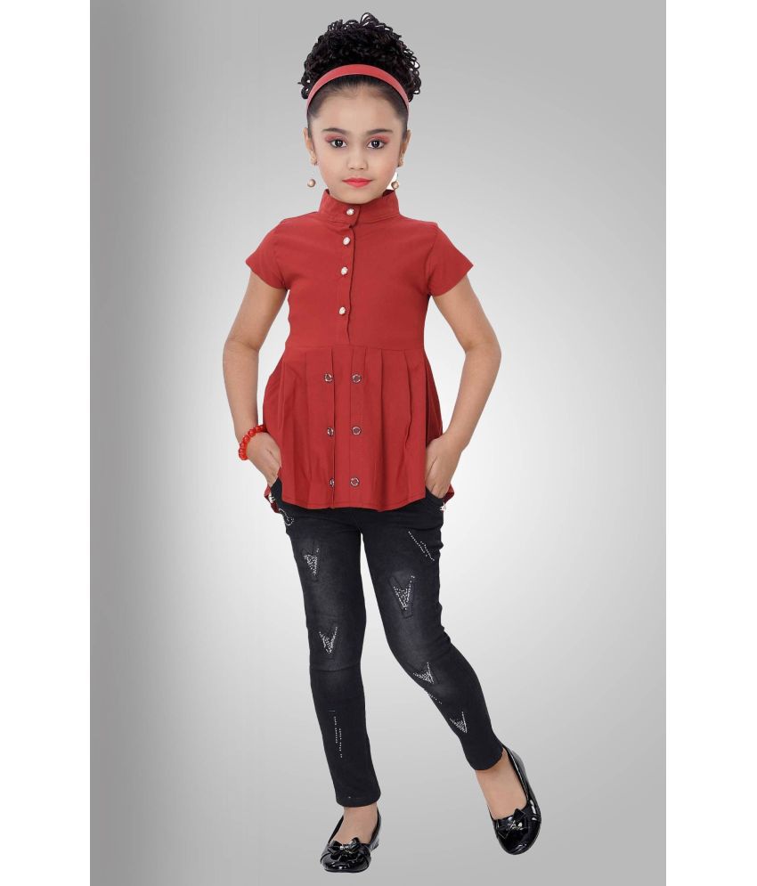     			Arshia Fashions - Red Denim Girls Tunic With Jeans ( Pack of 1 )