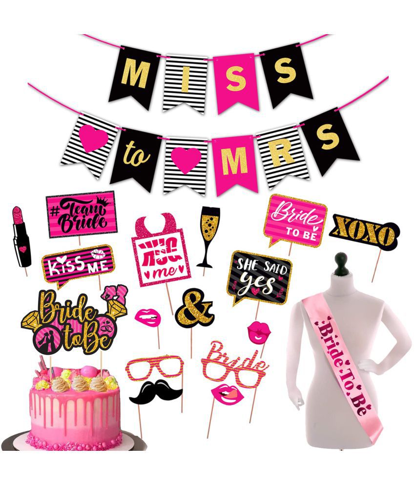     			Zyozi  Bachelorette Party Kit | Bride to be Sash | Banner | Cake Topper |Photo Booth Props | Bachelorette Party Decorations | Bride to be Gift | Engagement Party (Pack of 18) (Miss to MRS)