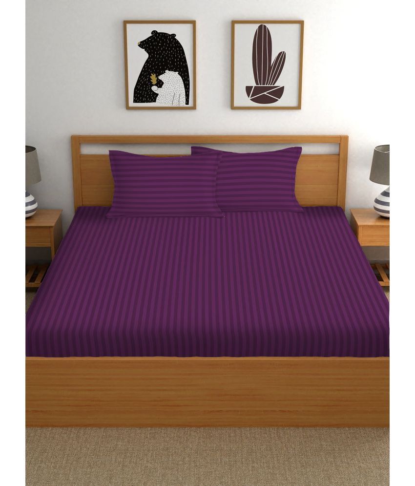     			CTF Bedding King Polyester Purple Solid Satin Stripe Fitted Bedsheet with 2 Pillow Covers