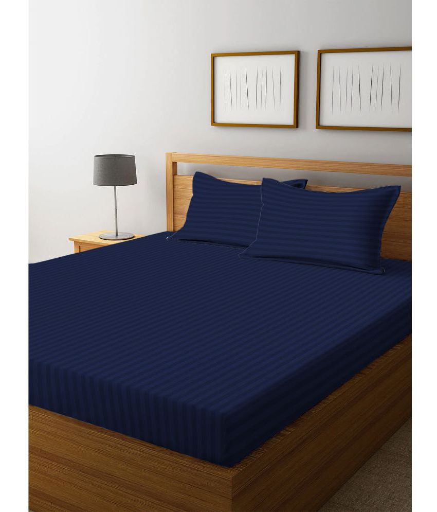     			HOMETALES Microfiber Solid Satin Stripe Queen Bedsheet With Two Pillow Covers -Navy Blue