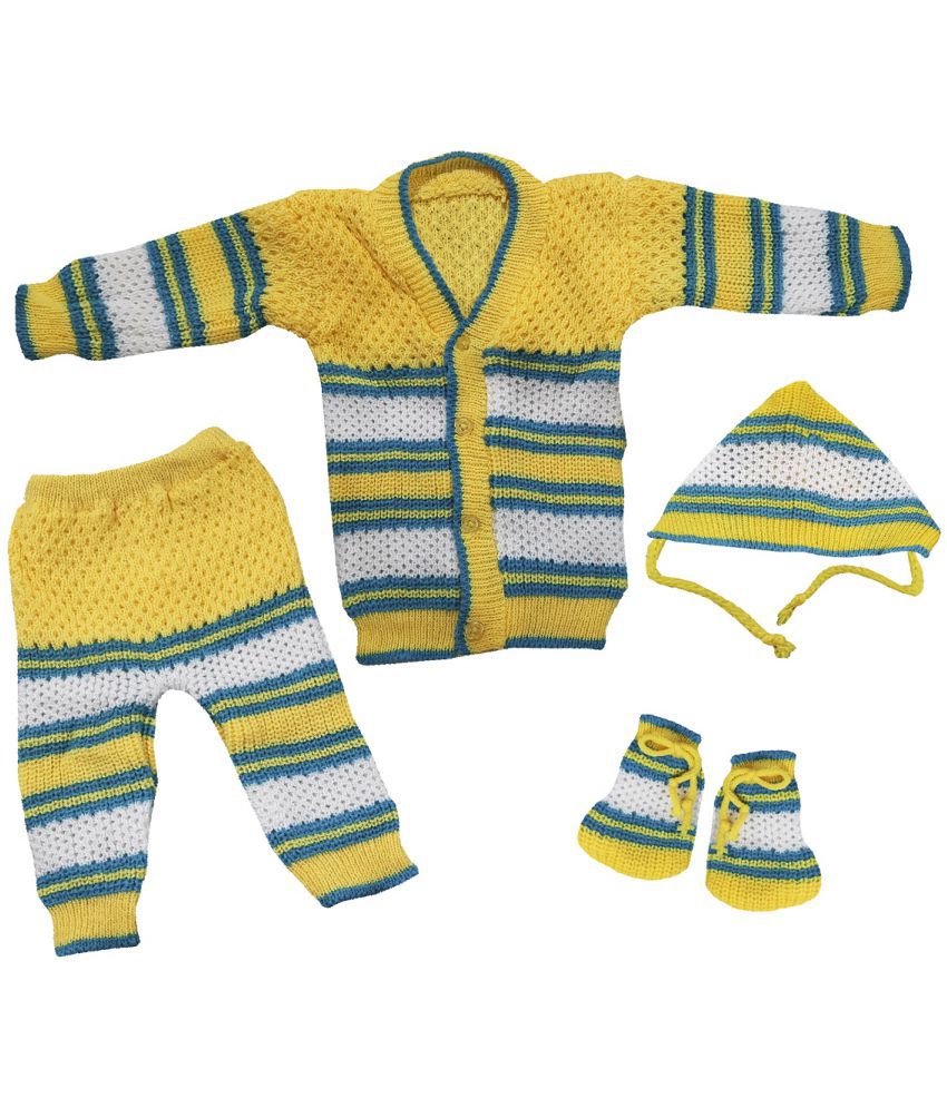     			little PANDA Born Baby Sweater for Baby Boys & Baby Girls Woollen Full Sleeves, V Neck Sweater Top, Bottom, Cap & Booties Set