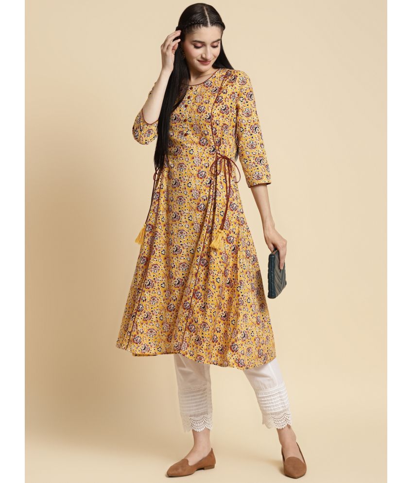     			Rangita Women 100% Cotton Yellow Floral Printed Calf Length Kalidar Kurti With Side Tie Ups