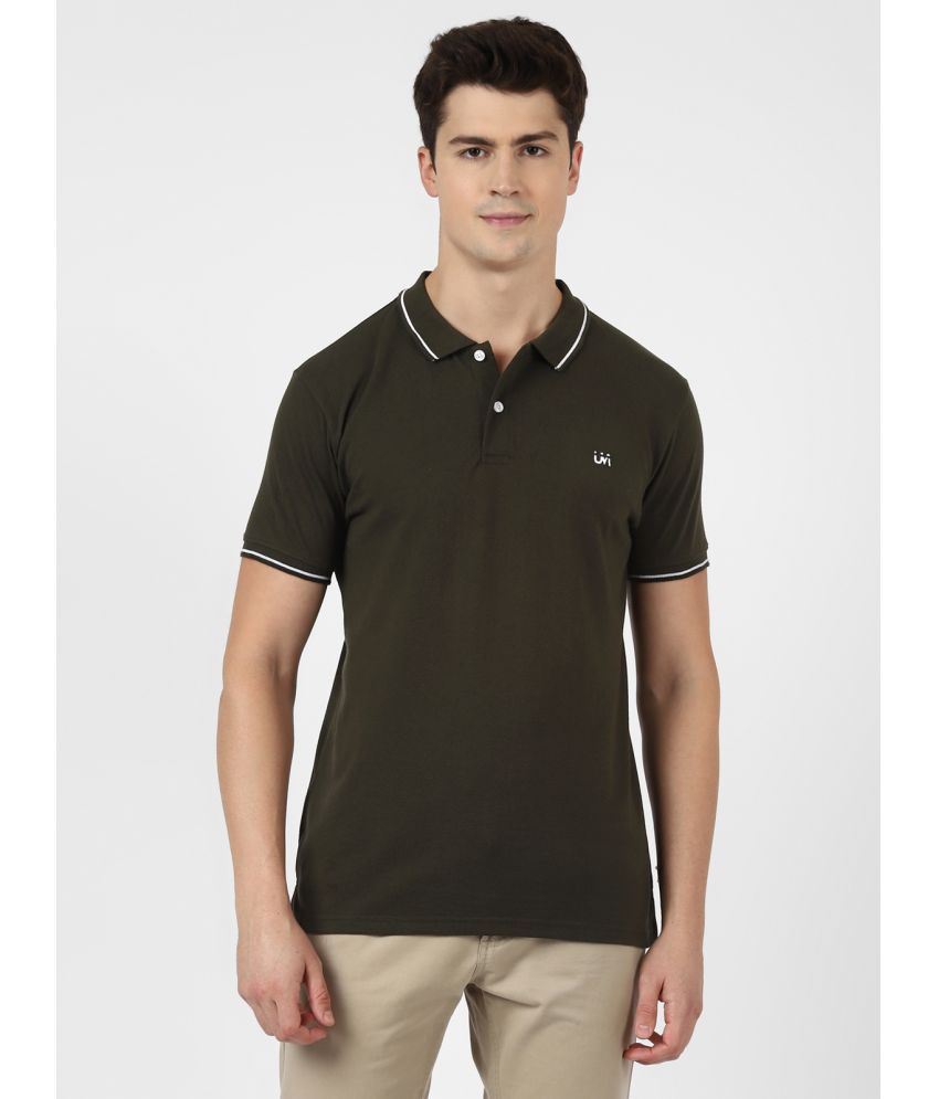     			UrbanMark Men Solid Half Sleeves Regular Fit Polo T Shirt with Contrast Tipping Collar-Olive