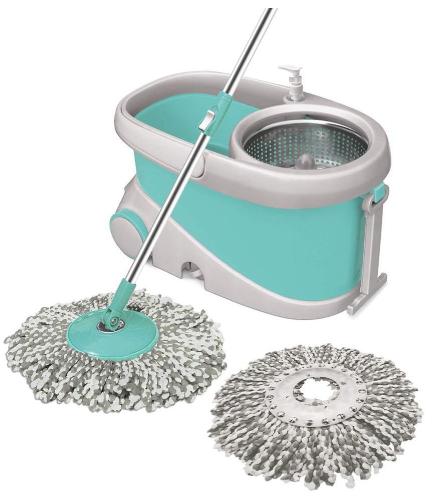     			Spotzero by Milton Prime Spin Mop with Big Wheels and Stainless Steel Wringer, Bucket Floor Cleaning and Mopping System,2 Microfiber Refills,Aqua Green