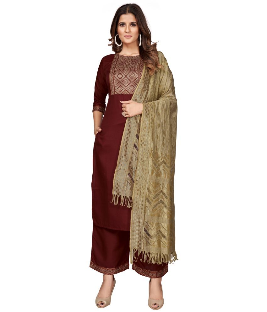     			Vbuyz - Maroon Straight Cotton Blend Women's Stitched Salwar Suit ( Pack of 1 )