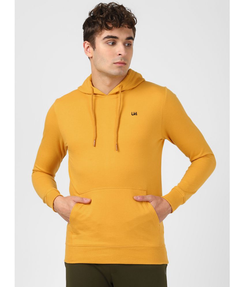 UrbanMark Men Regular Fit Solid Full Sleeves Hooded Sweatshirt-Mustard