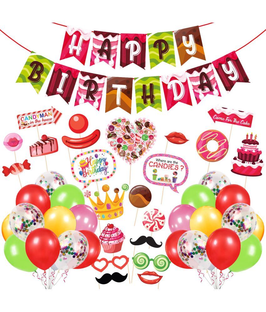     			Zyozi  CandyTheme Party Supplies for Girls Baby Birthday Decorations Favors With Banner,Photo Booth and Balloons( pack of 48)