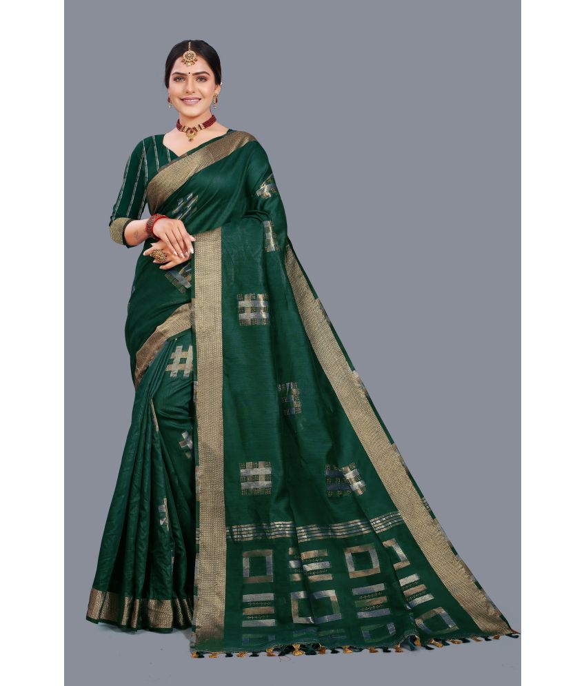     			Kyarn - Green Cotton Blend Saree With Blouse Piece ( Pack of 1 )