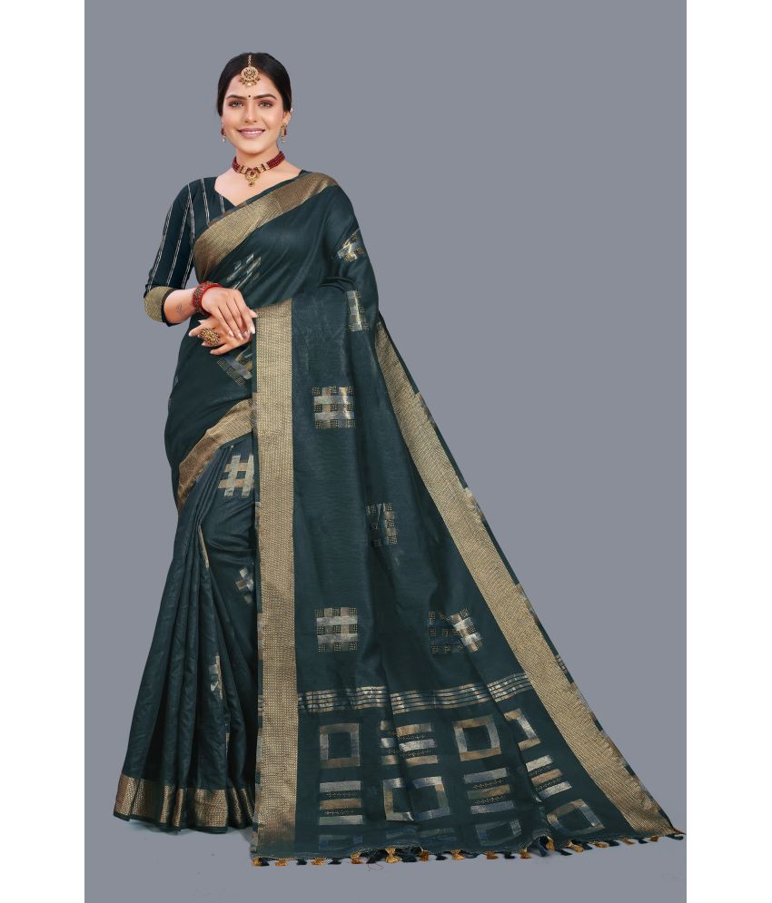     			Kyarn - Navy Blue Cotton Blend Saree With Blouse Piece ( Pack of 1 )