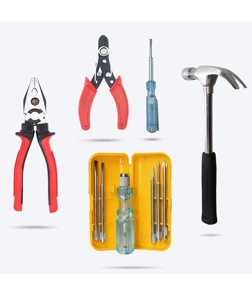     			Aldeco Hand Tool Kit- Heavy Duty Grip Plier(Pilash), Wire Cutter, Tester, Claw Hammer & 5in1 Screw Driver Set. Combination Hand Tools for Domestic & Industrial Purpose.
