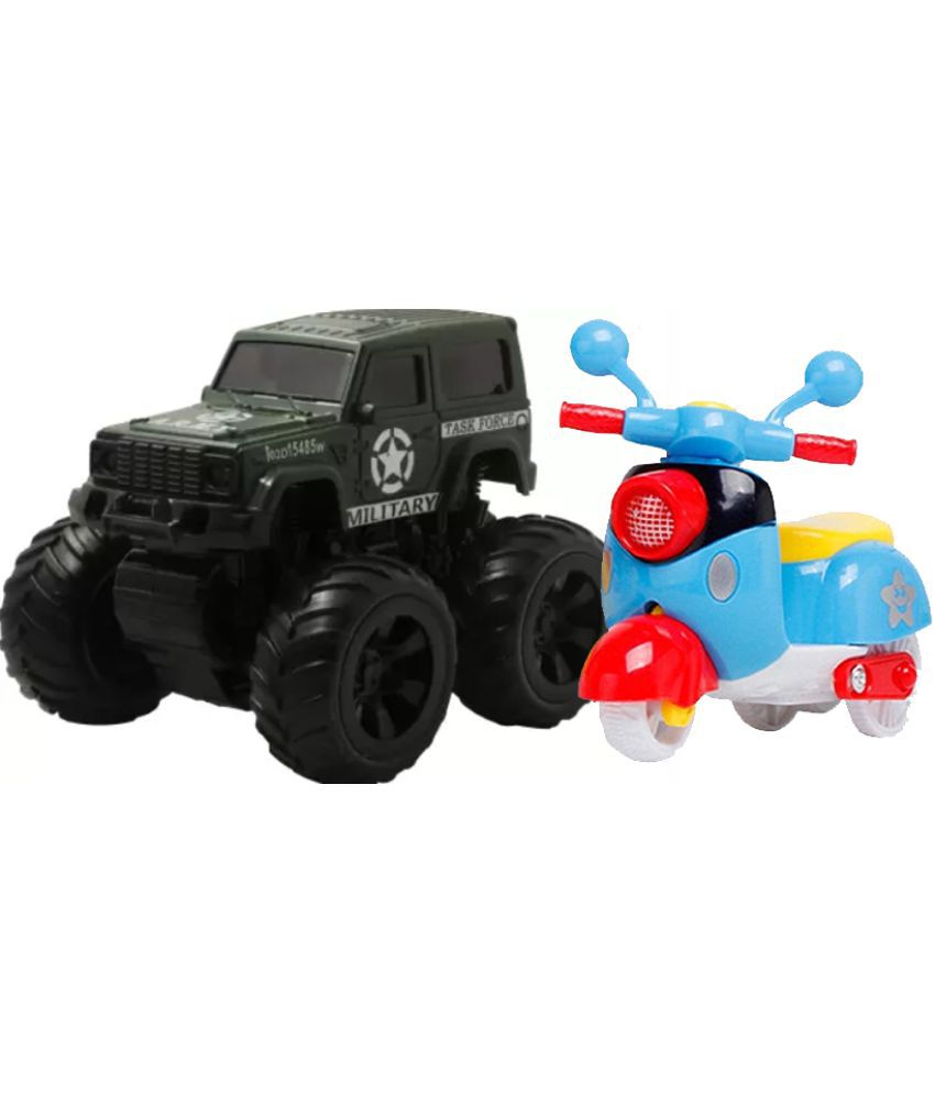 Bike Push and Go Scooter Toy & Mini Friction Powered Unbreakable Cars for Kids Big Rubber Tires Pull Car for Baby Boys Dark Green