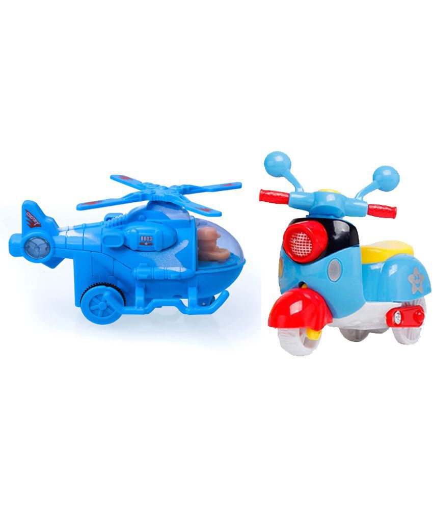 Bike Push and Go Scooter Toy & Tazomi Kids Friction Powered PushGo Mini Army Toys, Assorted Multicolored Helicopter blue