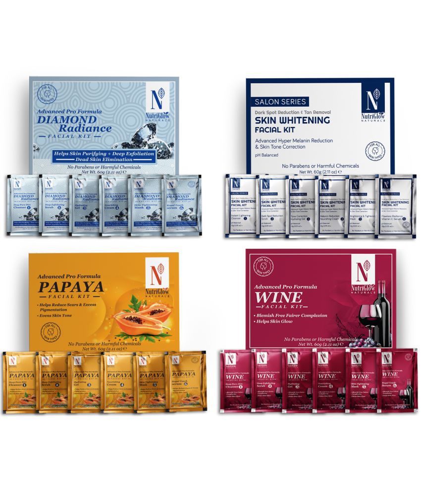     			NutriGlow NATURAL'S Advance Pro Formula Diamond Radiance,Skin Whitening,Papaya,Wine Facial kit For Skin Cell Repair, 60gm Each, Pack of 4