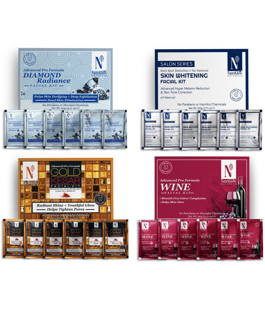     			NutriGlow NATURAL'S Advanced Pro Formula Diamond Radiance, Skin Whitening, Gold Kesar, Wine Facial Kit, 60gm Each, Pack of 4