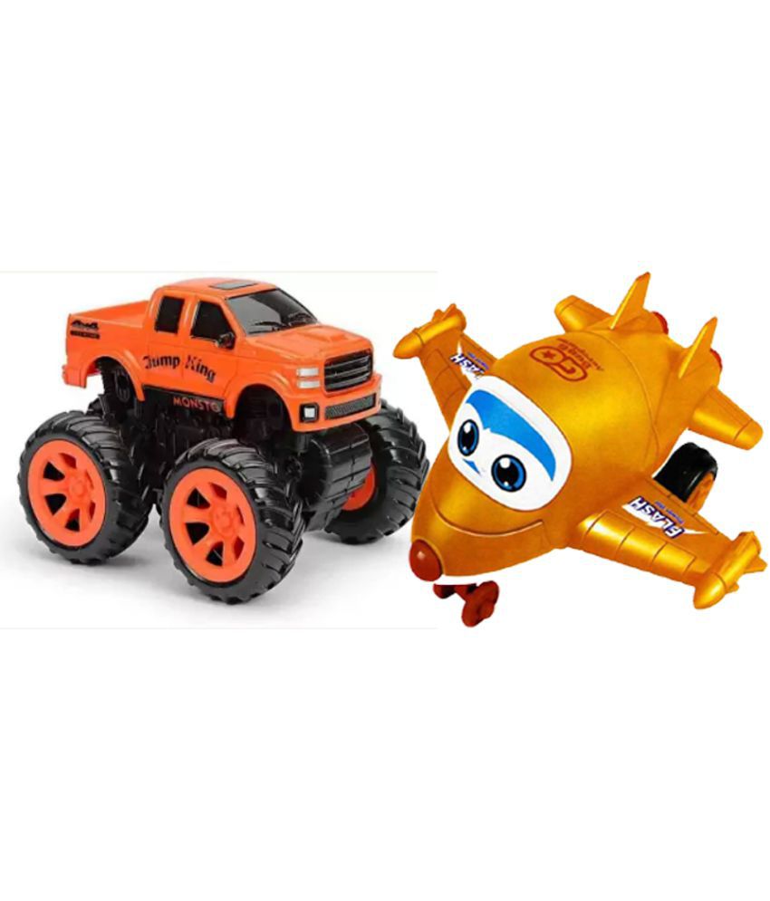 Racing Plane to Robot orange & 4X4 Mini Monster Trucks Friction Powered Cars for Kids Big Tires