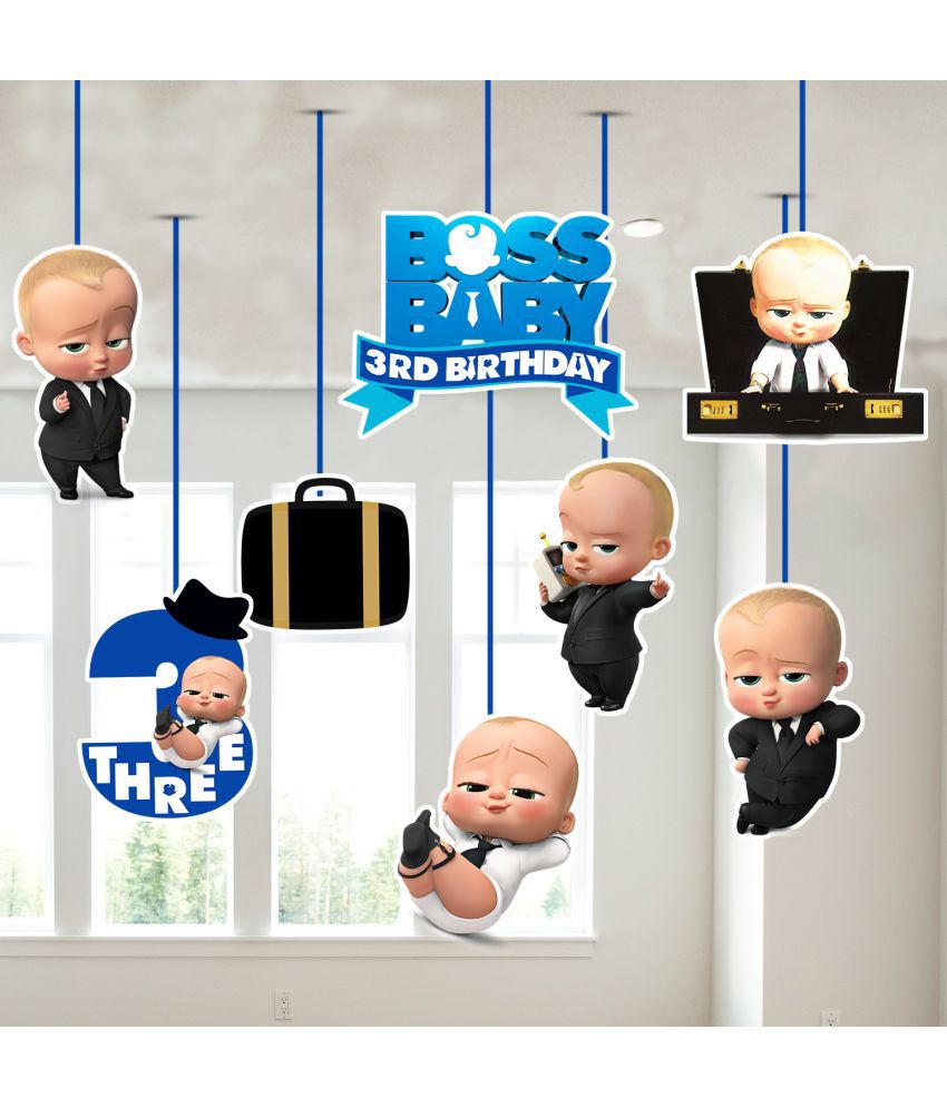     			Zyozi Boss Baby Third Birthday Ceiling Hanging Streamers Kids Theme for Baby Shower 3rd Birthday Decorations Supplies (Pack of 8)