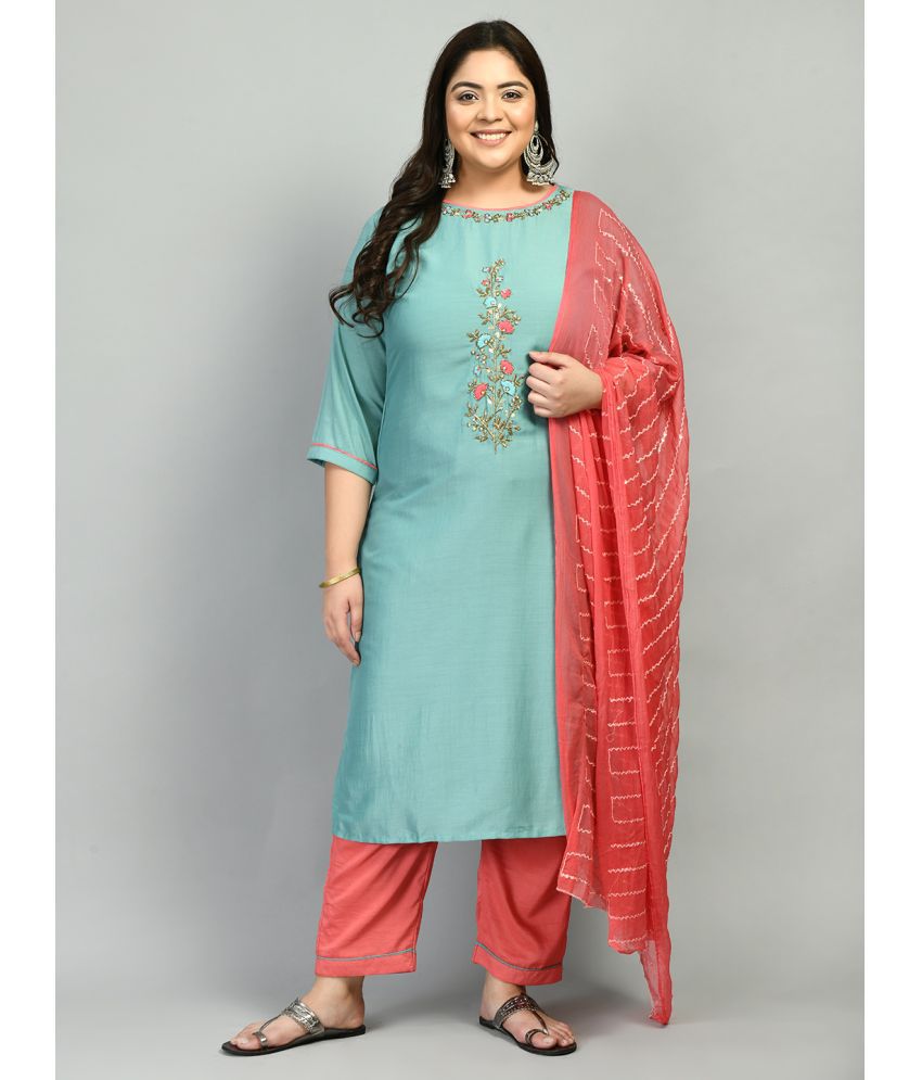     			PrettyPlus by Desinoor - Sea Green Straight Cotton Silk Women's Stitched Salwar Suit ( Pack of 1 )