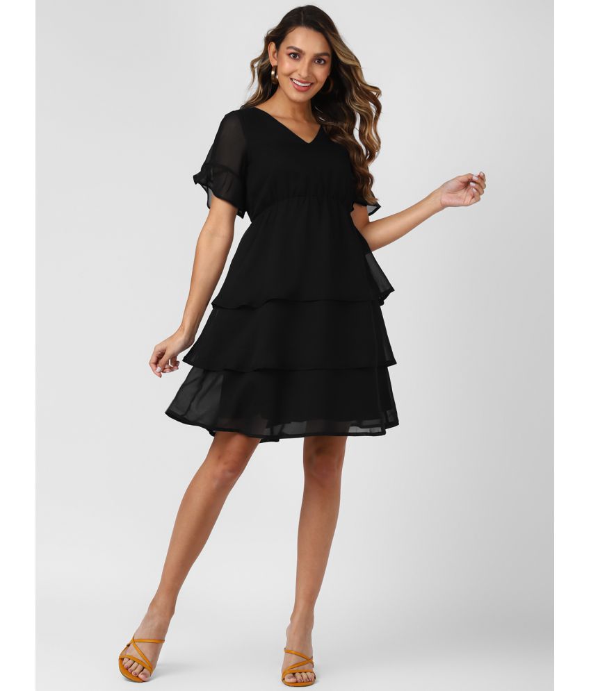 UrbanMark Women Solid V-Neck Knee Length Ruffle Tiered Dress with Bell Sleeves - Black