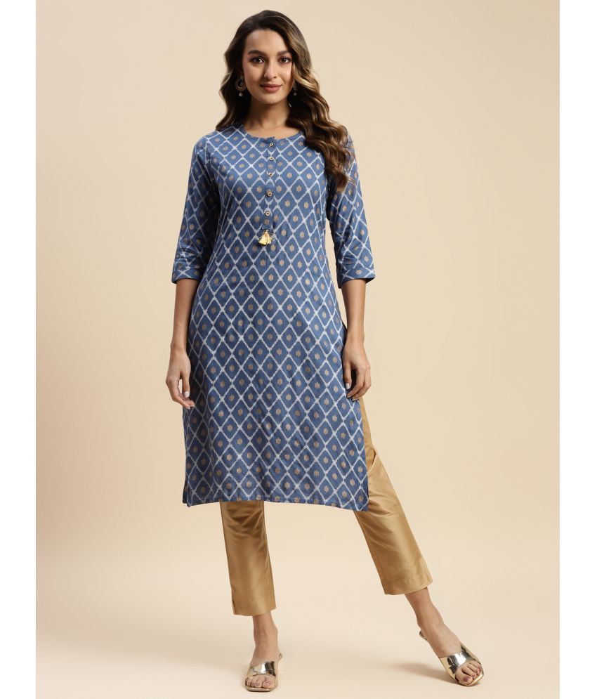 Rangita Women Rayon Blue Gold printed Knee length straight kurti with tassle at placket