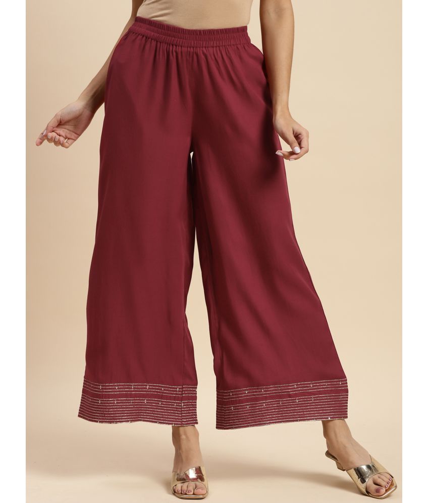     			Rangita Women Rayon Maroon Solid Embroidered Ankle Length Regular Palazzo