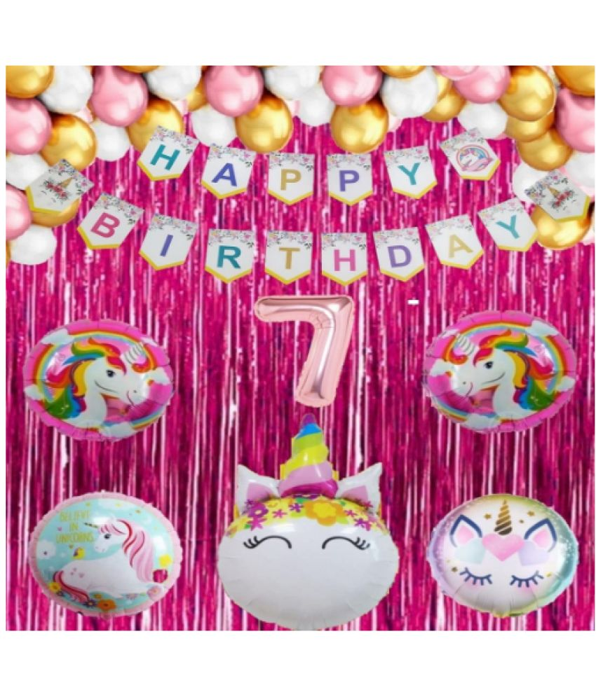     			Jolly Party 7 No Foil Balloon  Happy Birthday unicorn shape with pink fringe curtain Metallic Balloons ( Pink , White & Gold)