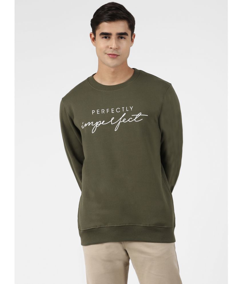 UrbanMark Men Regular Fit Text Print Full Sleeves Round Neck Fleece Sweatshirt-Olive