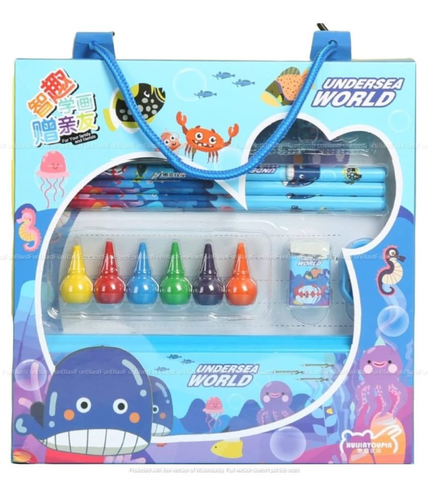     			FunBlast Stationery Kit for Kids – Sea World Stationery Box Pencil Pen Eraser Sharpener and Cartoon Pencil Box- Stationary Kit Set for Boys and Girls, Birthday Return Gift for Kids (Multicolor)