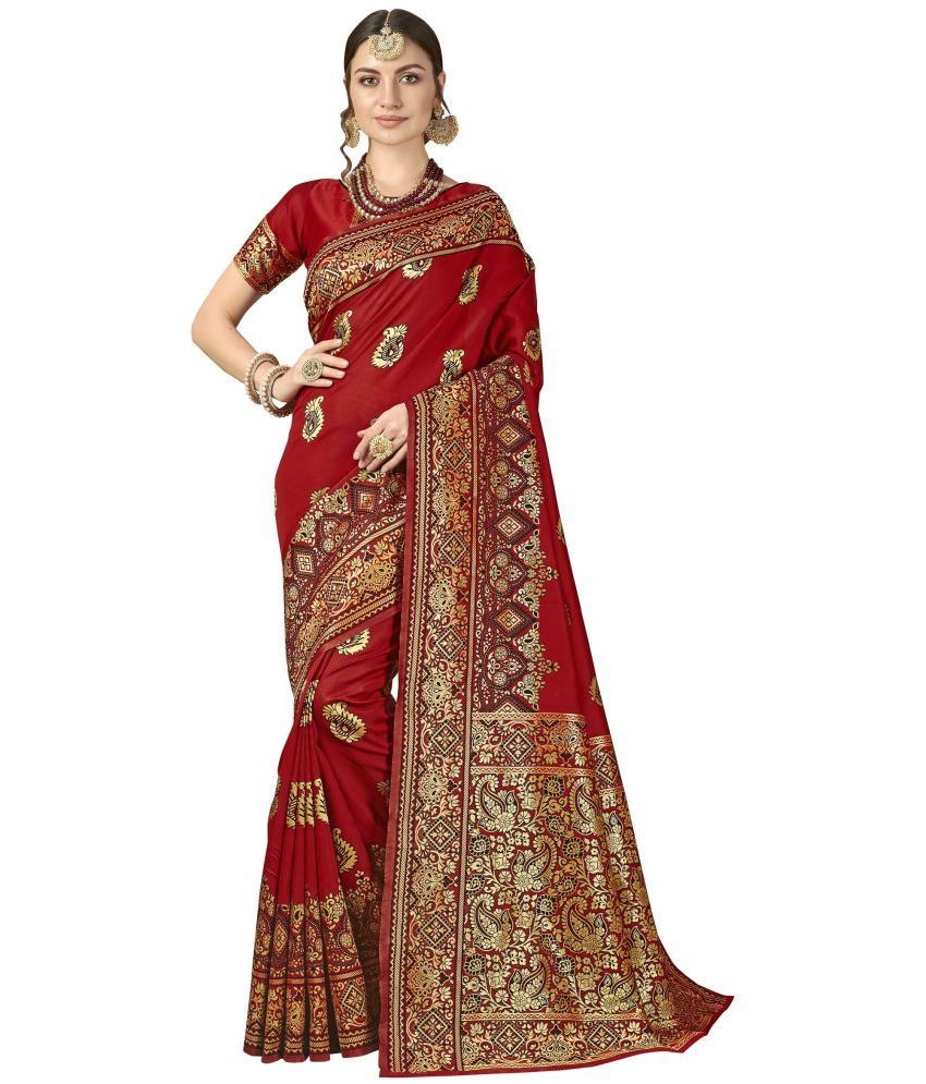     			Dressy - Maroon Jacquard Saree With Blouse Piece ( Pack of 1 )