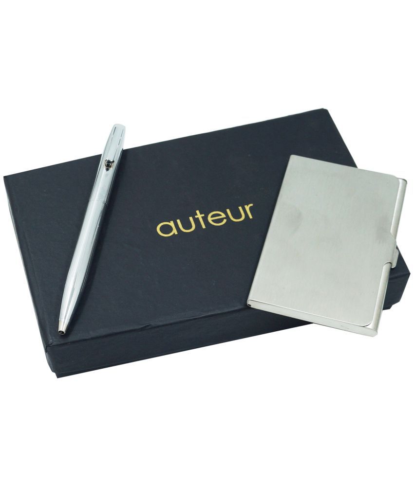     			auteur 2in1 Corporate Gift Set  Nebula Chrome Finish (Blue Ink) Ball Pen With Premium RFID safe Stainless Steel Card Wallet Flap Clouser Ideal for Every Gifting Occasion| Gift For Men|Women|Boss|Friends|Birthday|Anniversary(VCH-13)