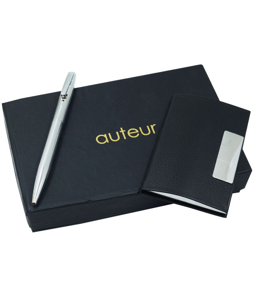     			auteur 2in1 Corporate Gift Set  Nebula Chrome Finish (Blue Ink) Ball Pen With Premium RFID safe Black Pu Leather Card Wallet Magnetic Clouser Ideal for Every Gifting Occasion| Gift For Men|Women|Boss|Friends|Birthday|Anniversary(VCH-59)