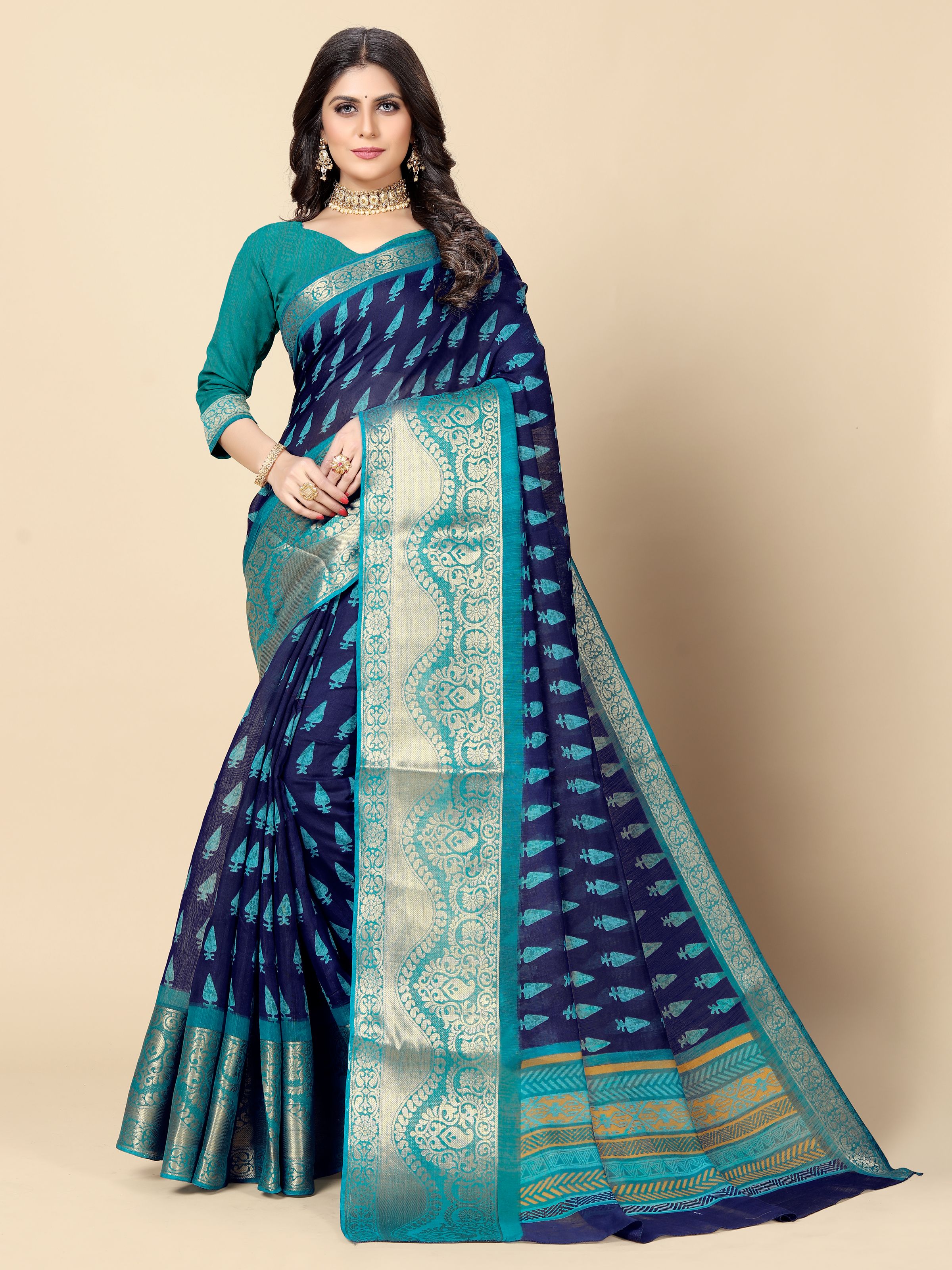     			Rangita Women Abstract Printed Cotton Blend Saree With Blouse Piece - Blue